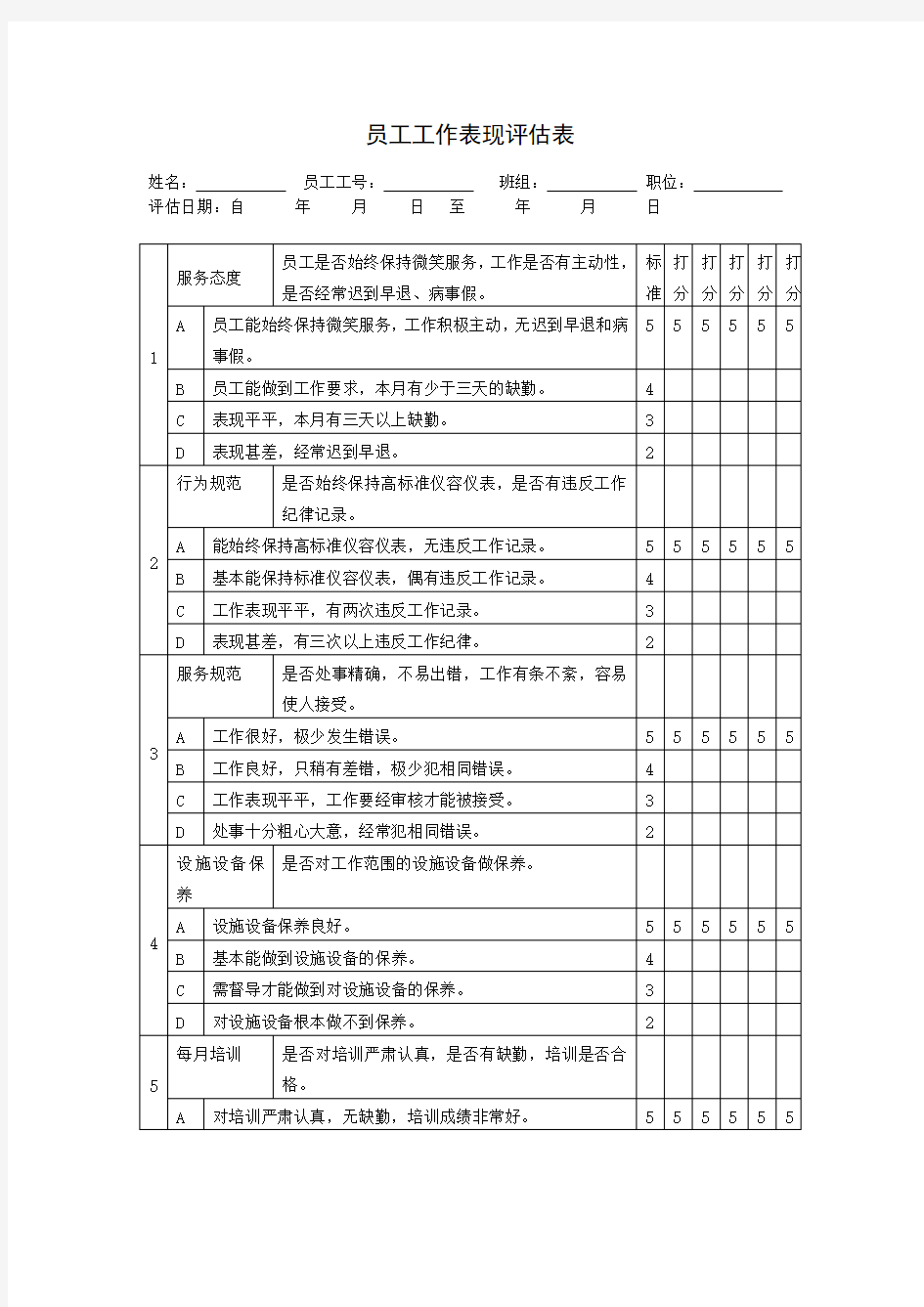 员工工作表现评估样表