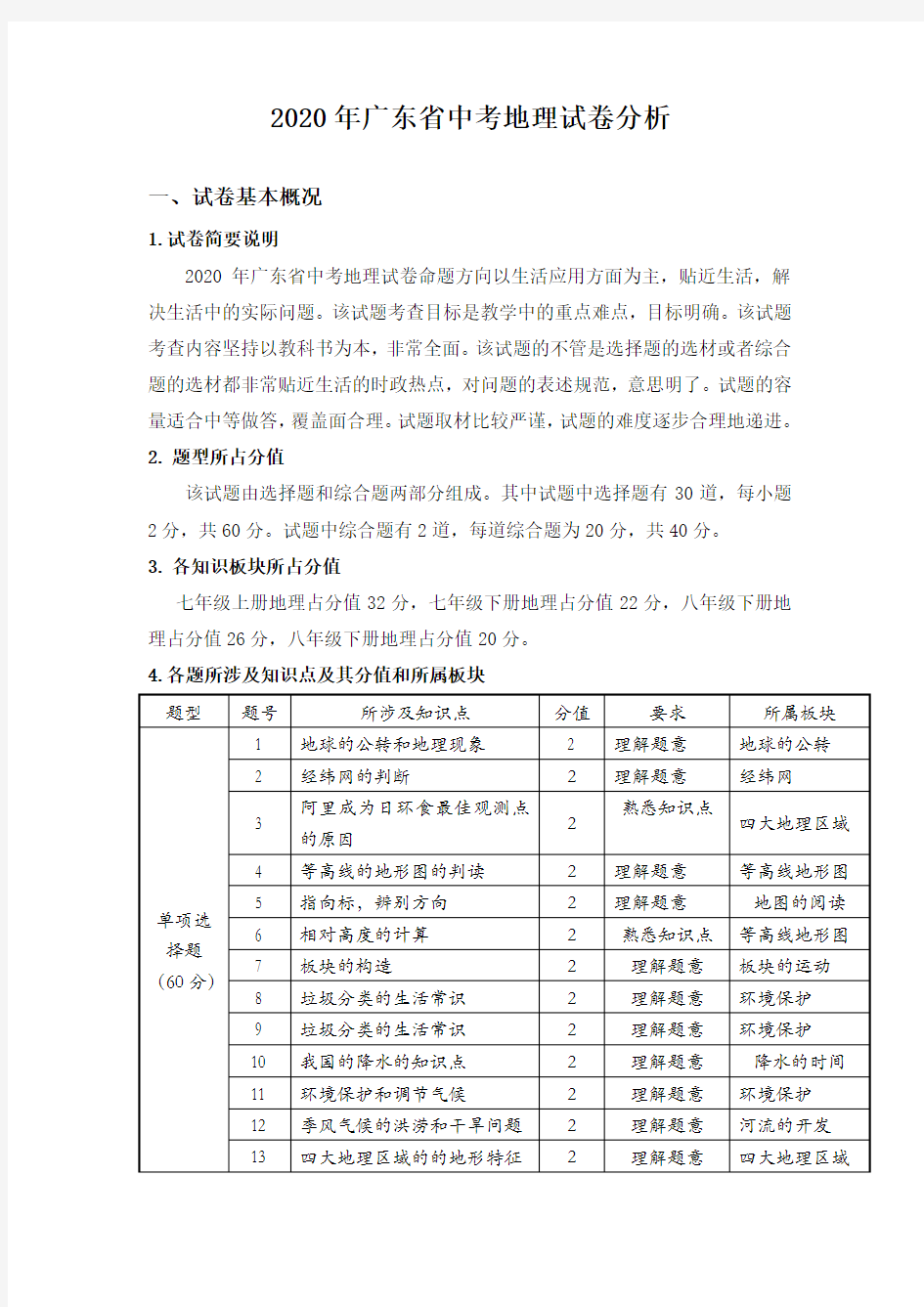 2020年广东省中考地理试卷分析