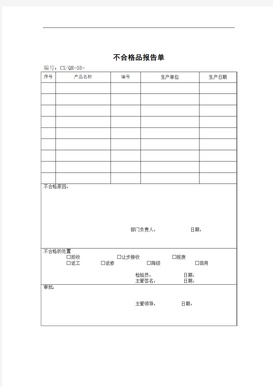 品质检验表格不合格品报告单