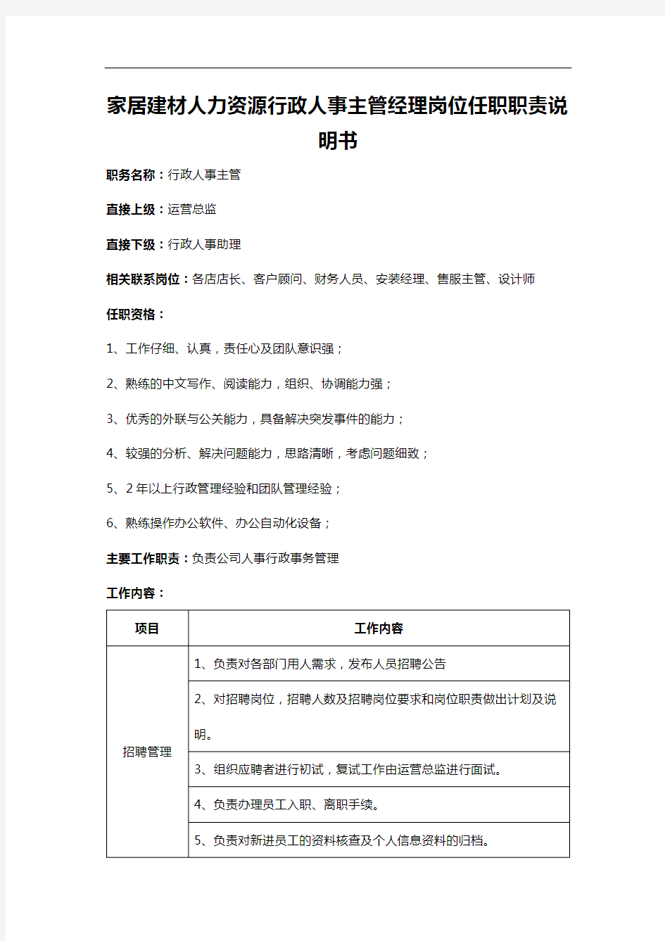 家居建材人力资源行政人事主管经理岗位任职职责说明书