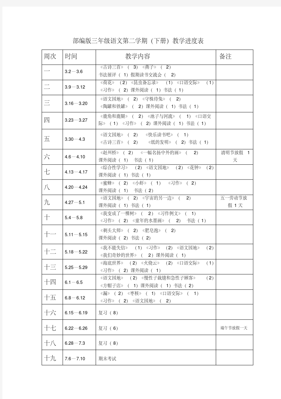 最新部编版三年级语文下册教学进度表.