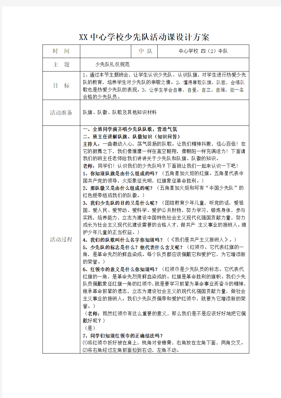 少先队礼仪规范主题班会方案