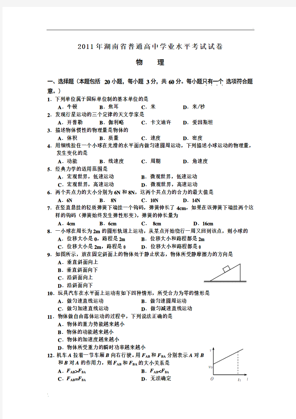 2011年湖南省普通高中学业水平考试物理试卷及答案