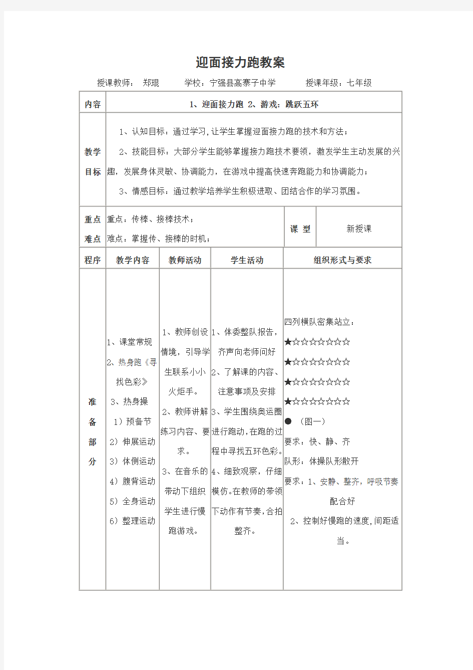 迎面接力跑教案及课后反思