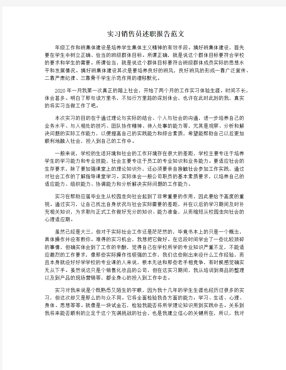 实习销售员述职报告范文