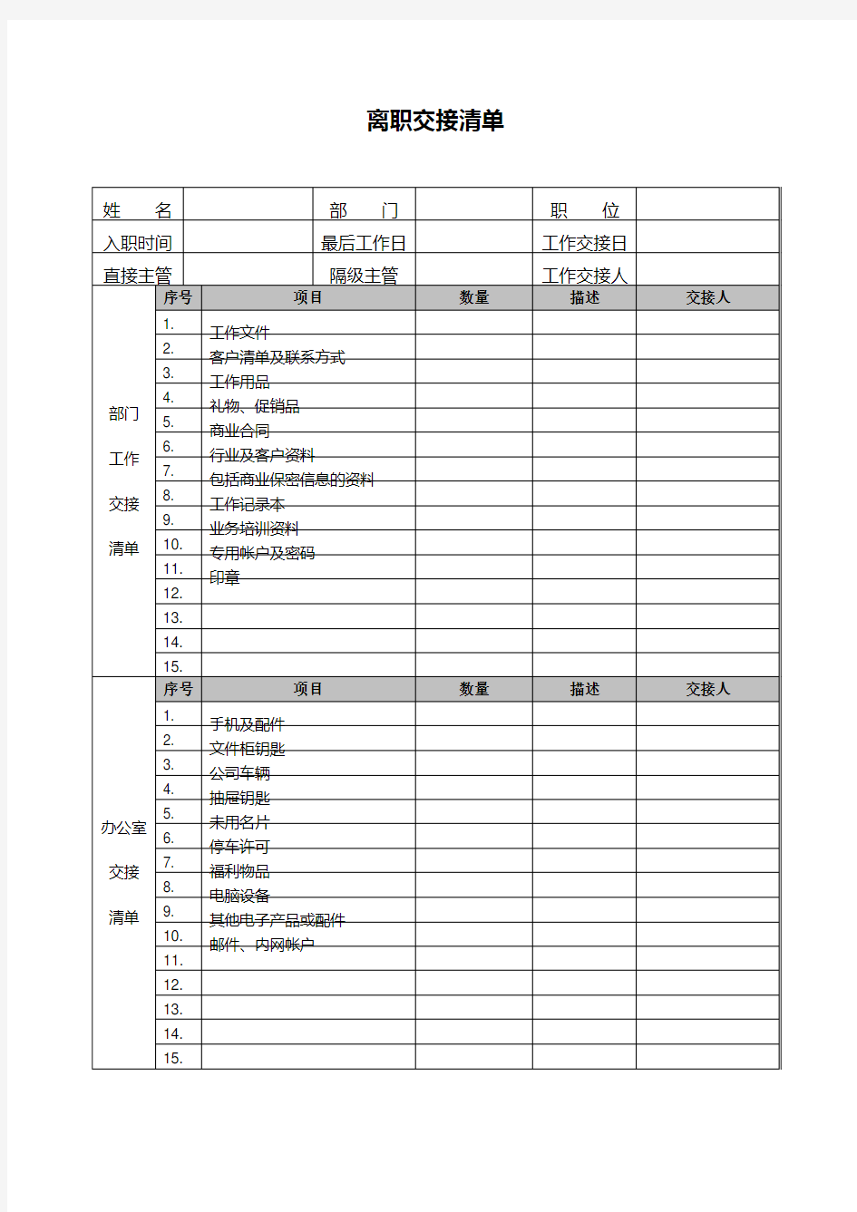 离职交接清单模板