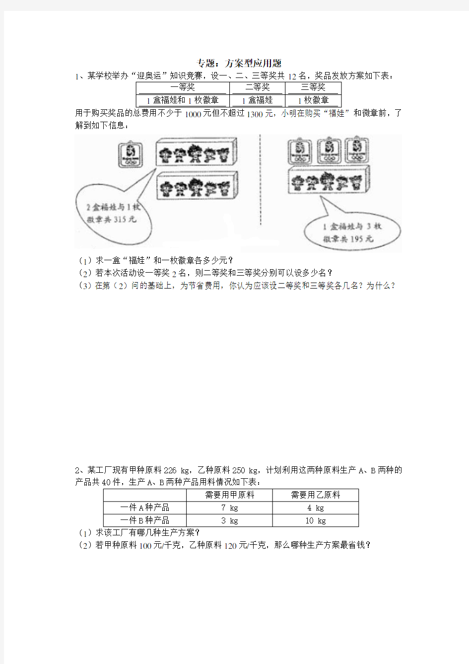 初一数学专题：方案型应用题