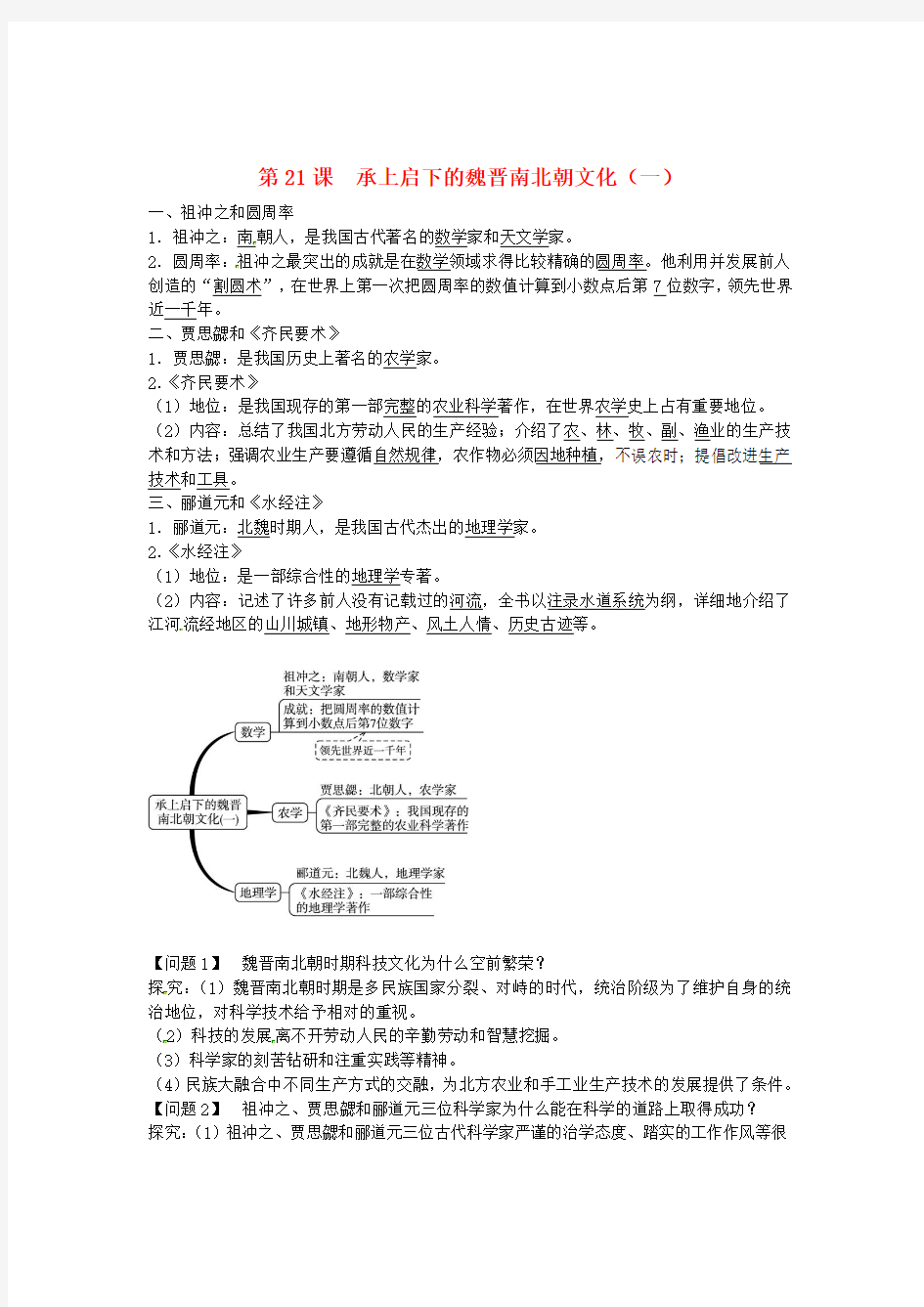 七年级历史上册第21课承上启下的魏晋南北朝文化(一)同步练习新人教版