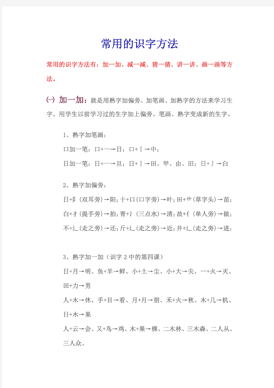 常用的识字方法常用的识字方法有：加一加、减一减、猜一猜、讲一讲