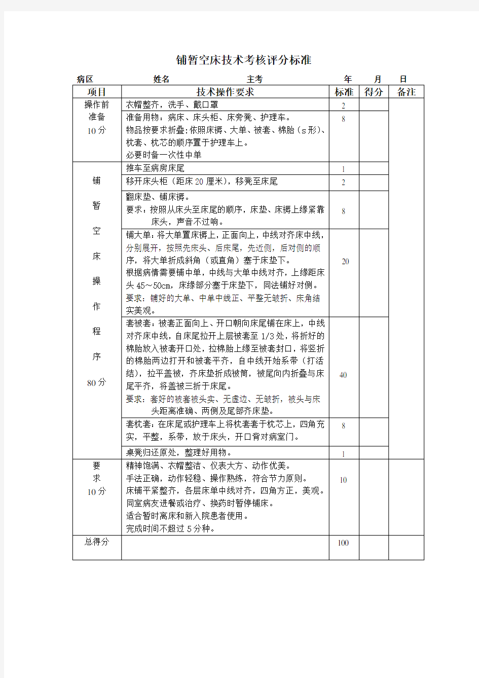 各种铺床法的评分标准