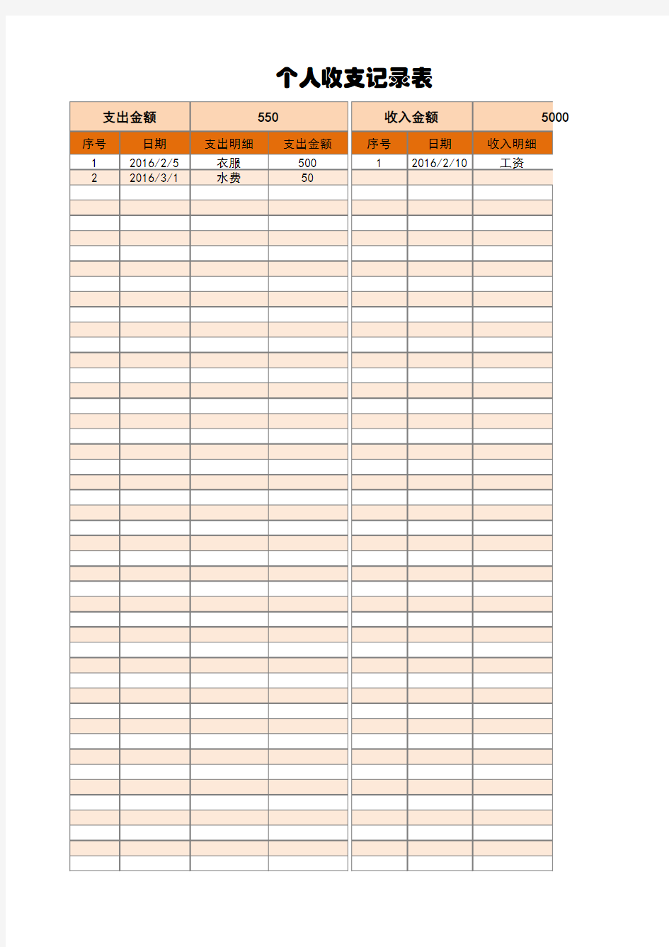 Excel表格模板：个人收支记录表