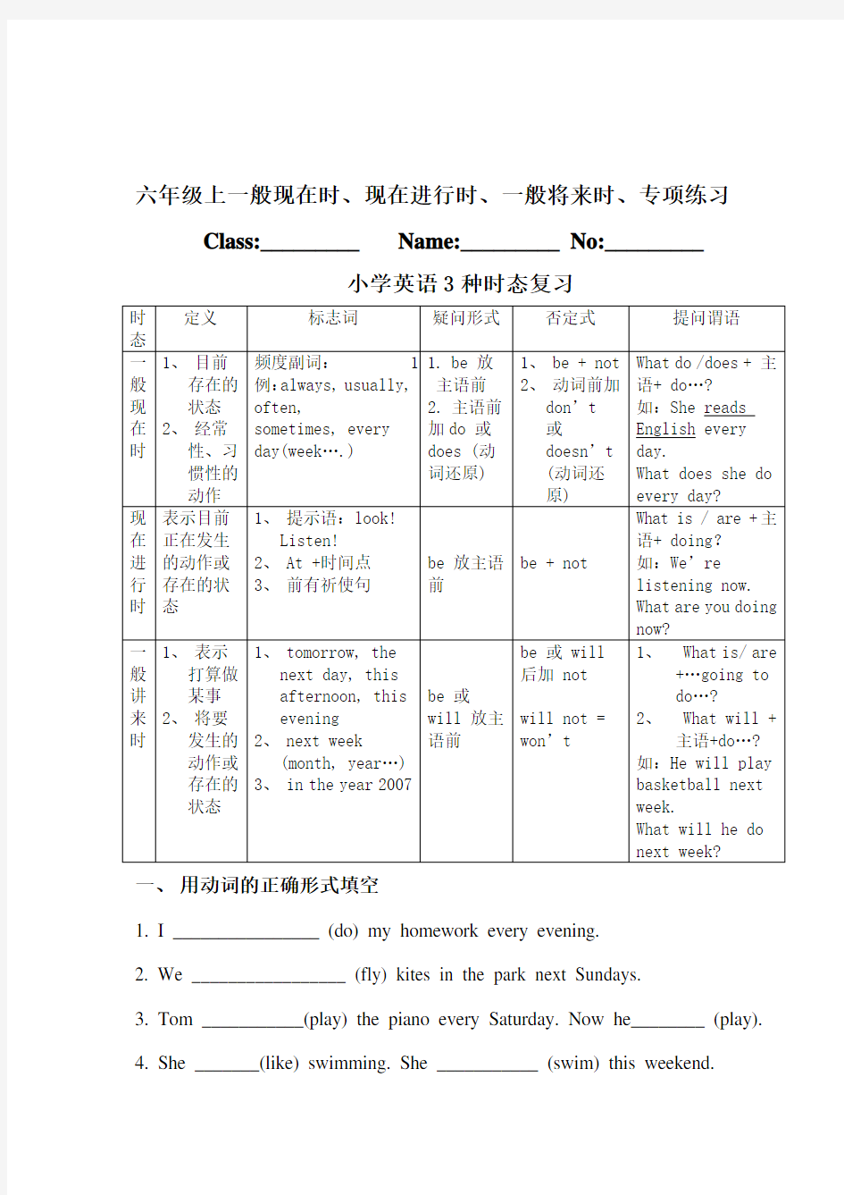 六年级上一般现在时、现在进行时、一般将来时、一般过去时讲解及专项练习