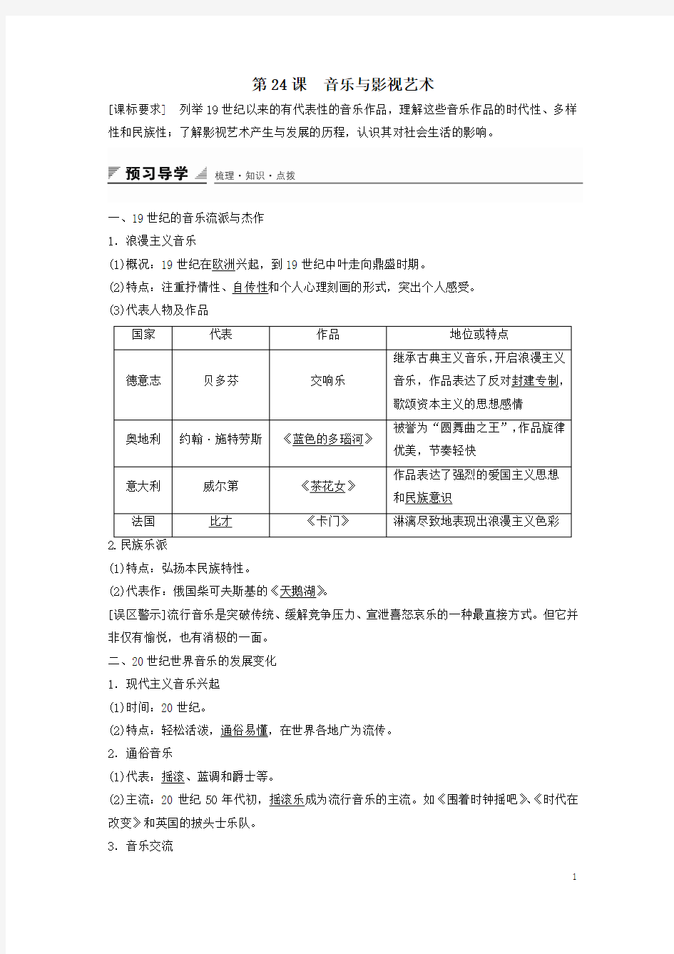 2015-2016学年高中历史 第八单元 第24课 音乐与影视艺术学案 新人教版必修3