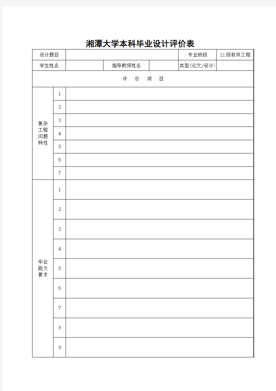 湘潭大学本科毕业设计评价表(2016征求意见稿)