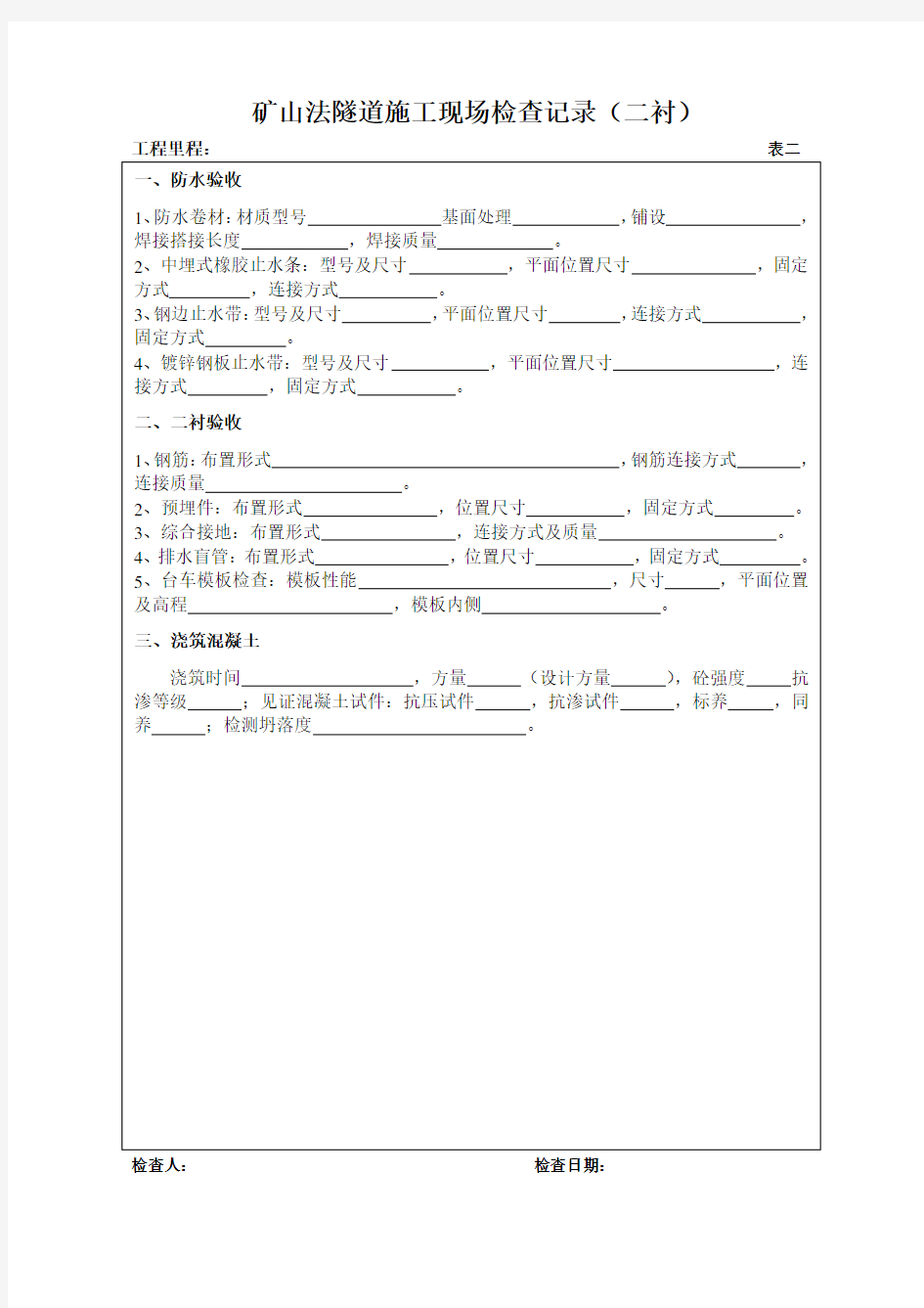 隧道施工现场检查记录表