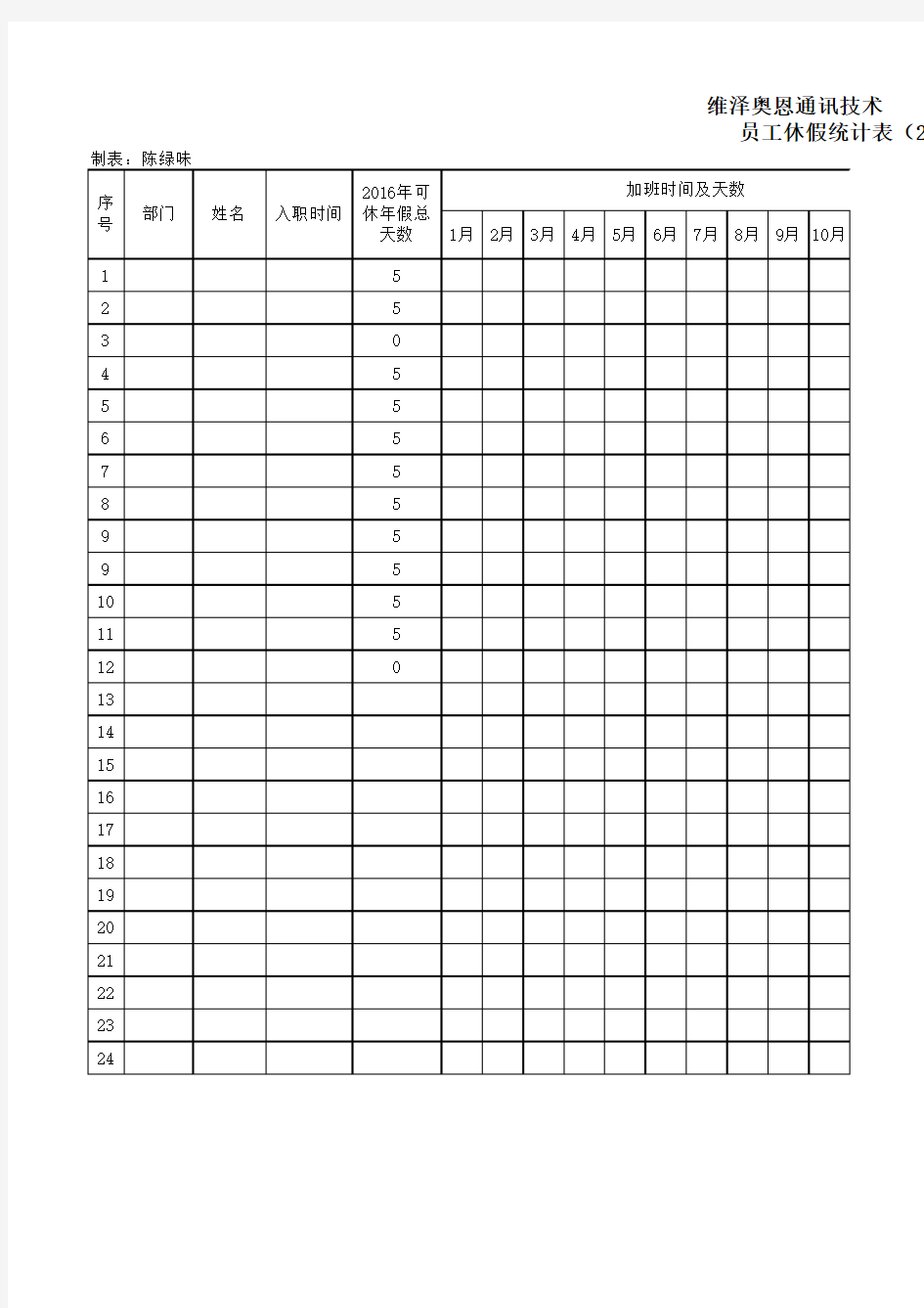 加班、年假调休记录表