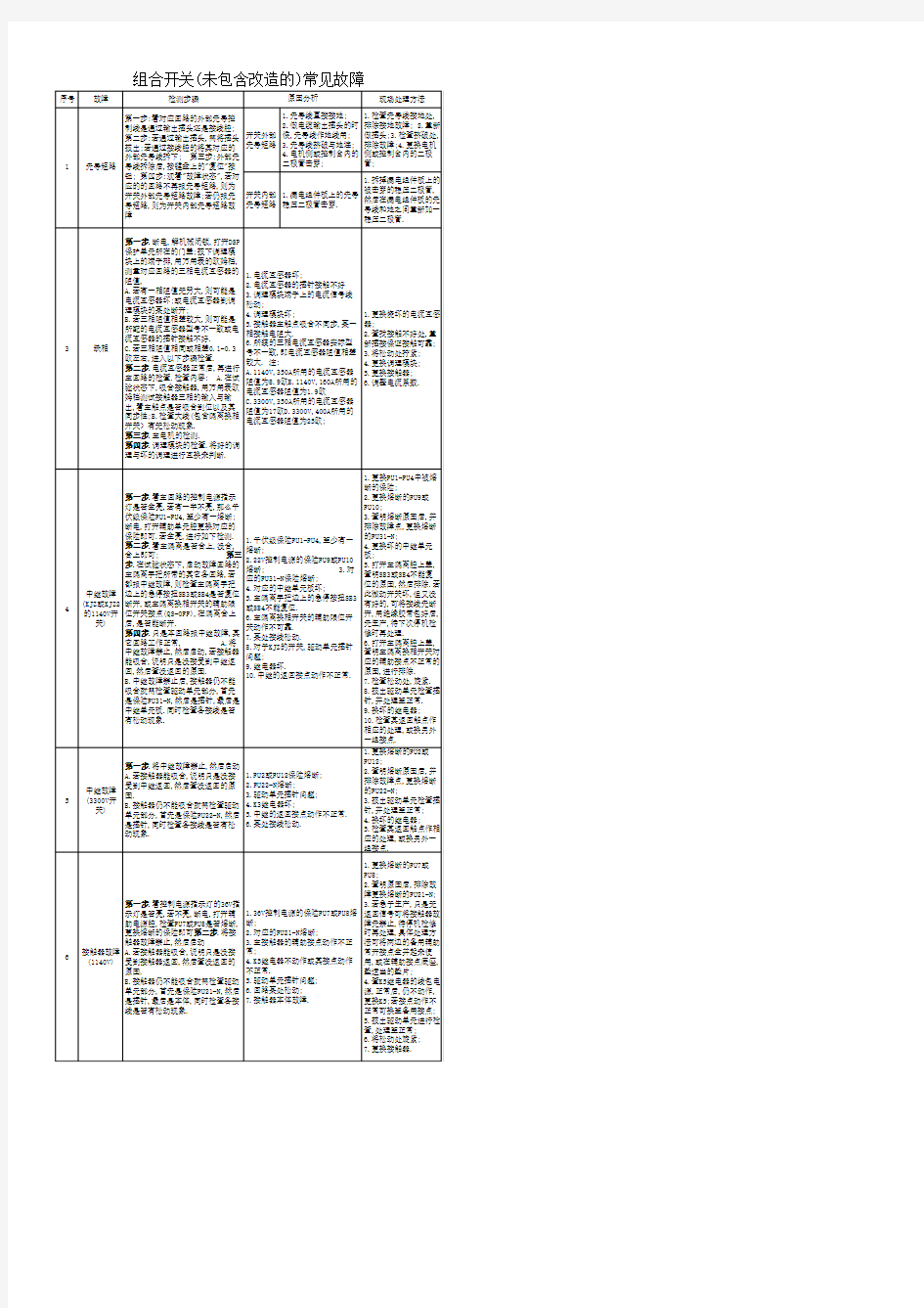 组合开关常见故障分析步骤表