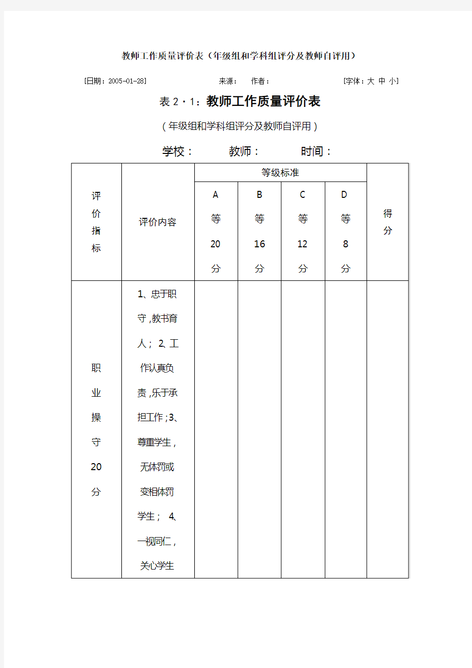 教师工作质量评价表