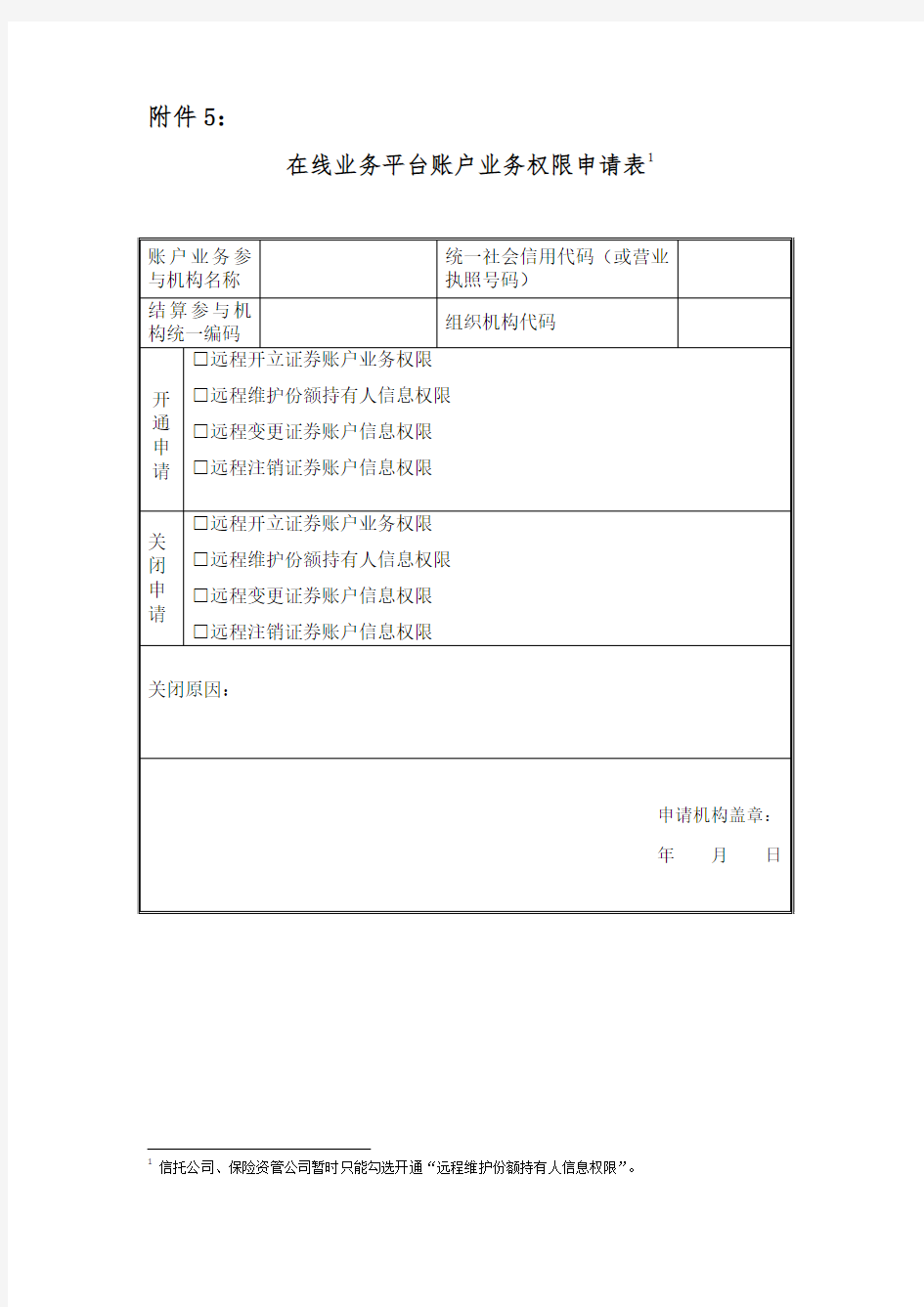 在线业务平台账户业务权限申请表