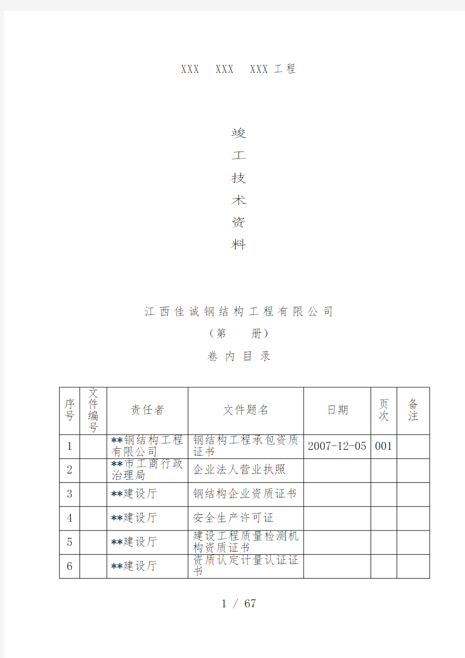 工程竣工技术文件范本