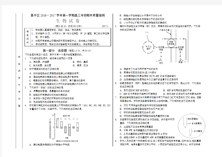 昌平区2016-2017学年第一学期高三期末生物试题及答案(word版)