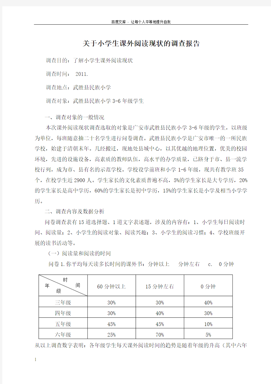 关于小学生课外阅读现状的调查报告