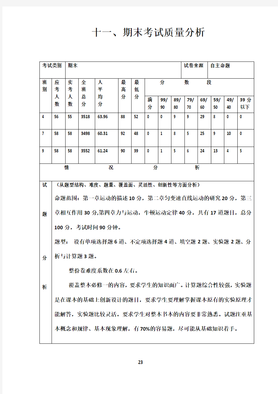 第一学期期末地理考试质量分析