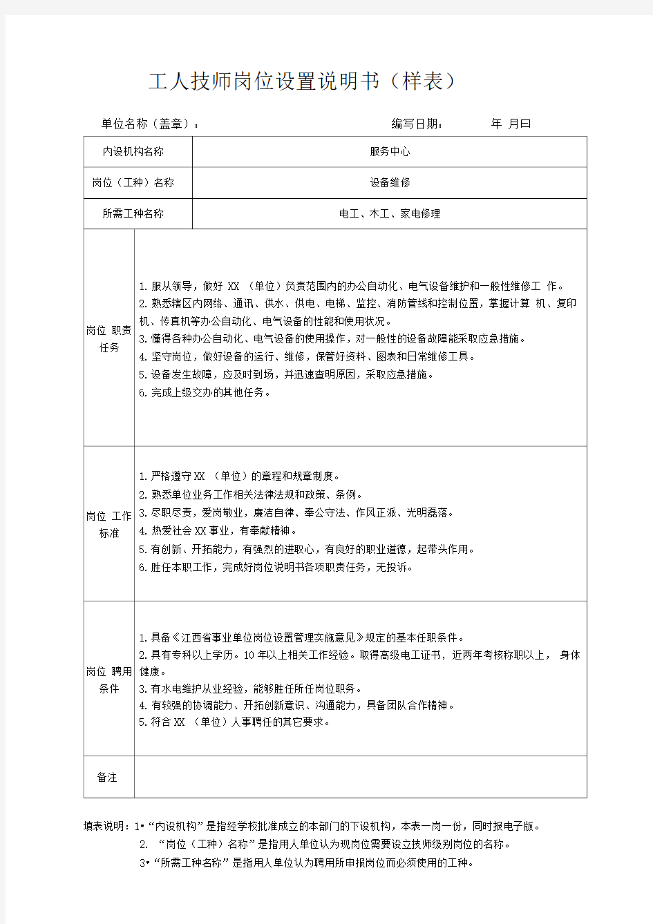 工人技师岗位设置说明书(样表)