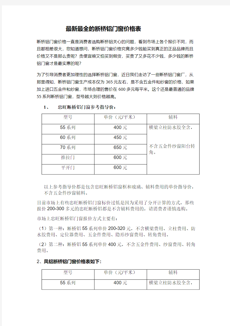 最新最全的断桥铝门窗价格表