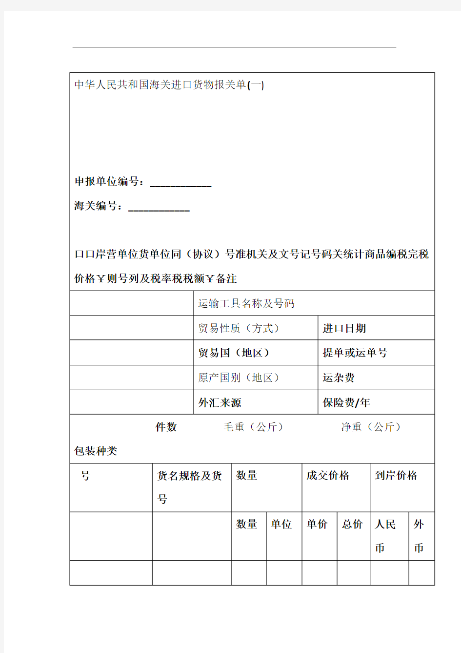 中华人民共和国海关进口货物报关单一