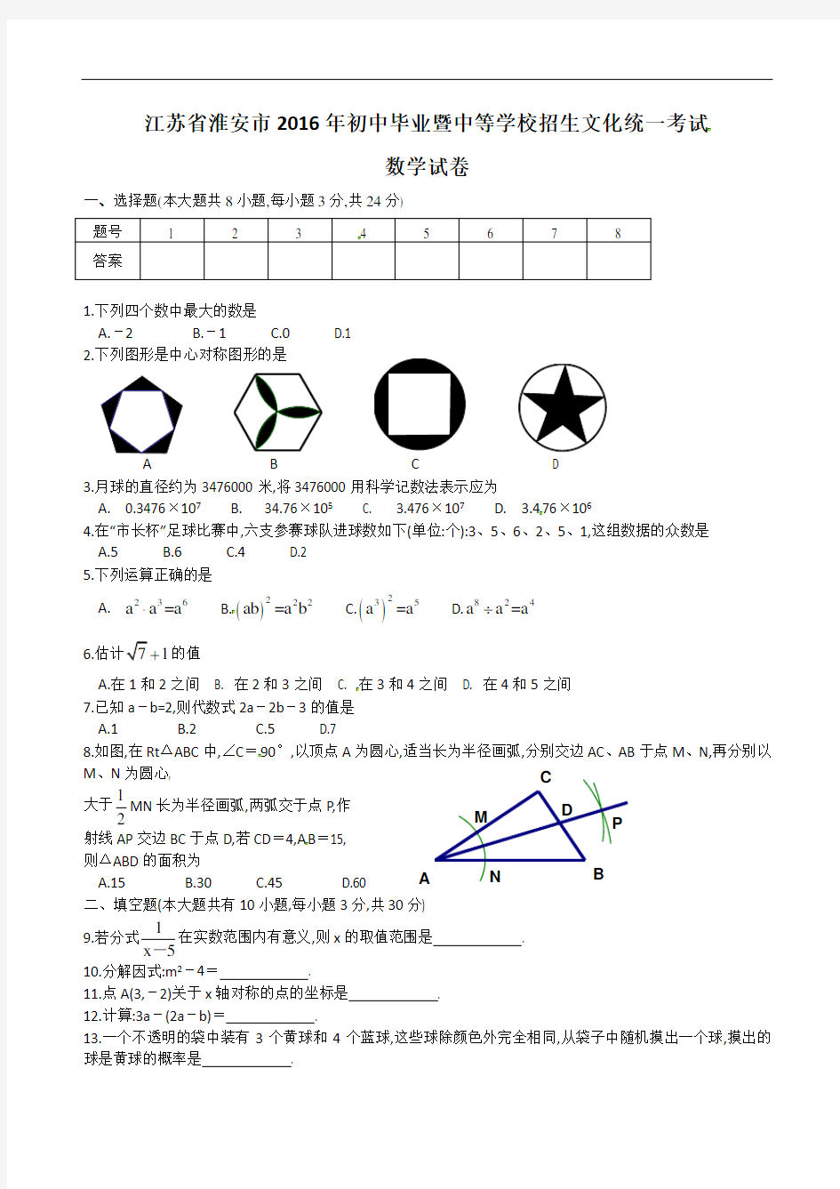 2016年淮安中考数学试卷及解析