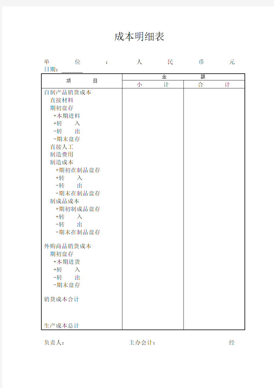 成本明细表表格模板格式