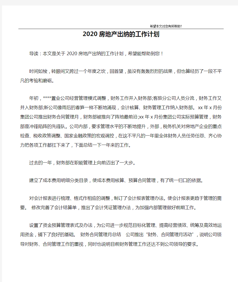 2020房地产出纳的工作计划