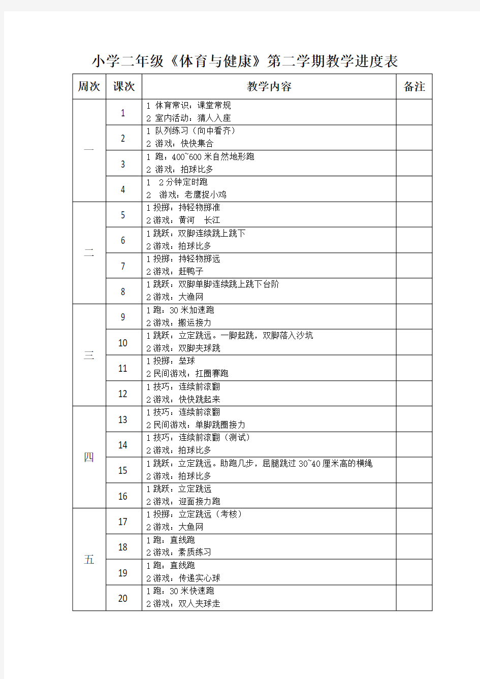 小学二年级《体育与健康》第二学期教学进度表