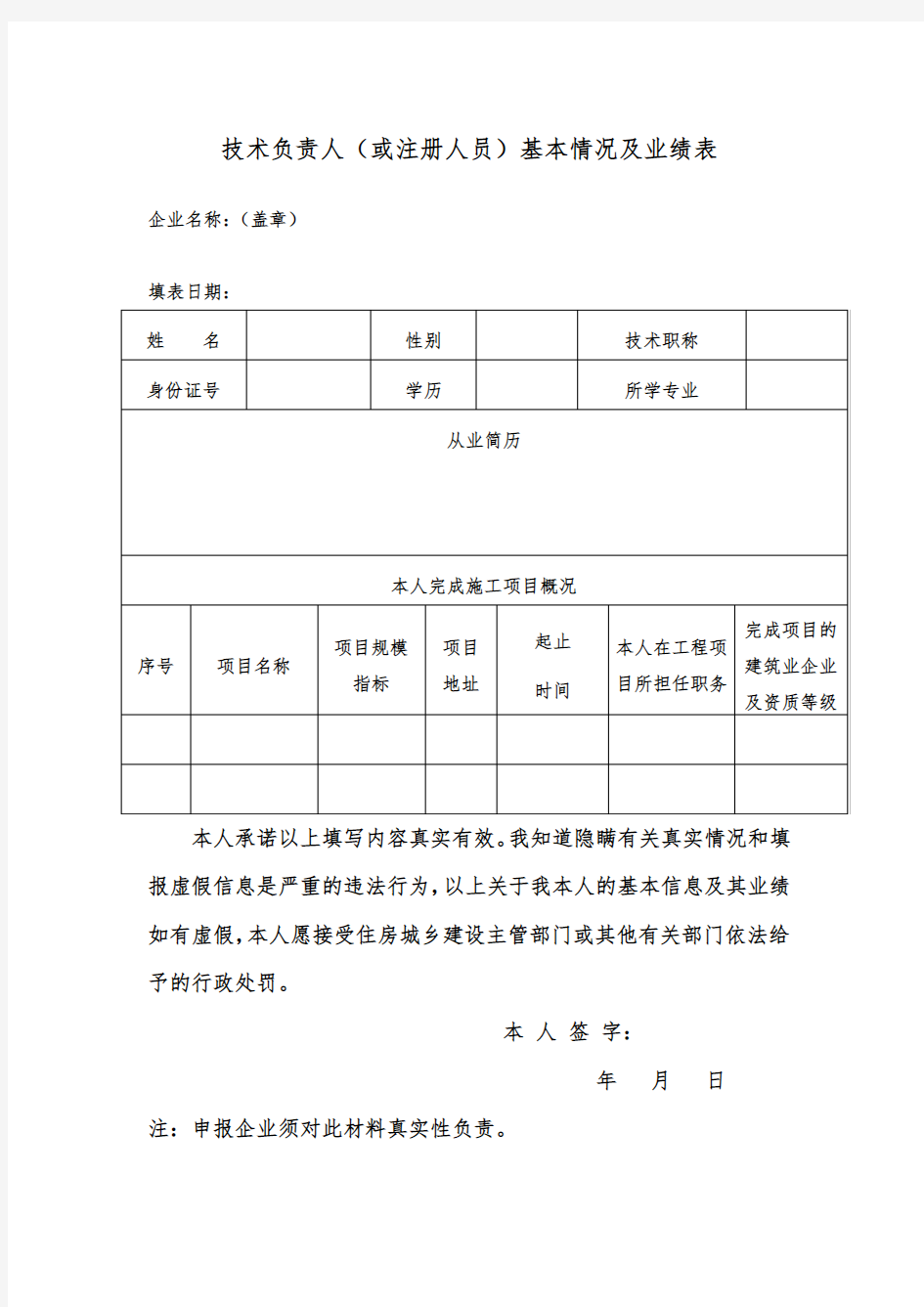 (完整word版)技术负责人(或注册人员)基本情况及业绩表