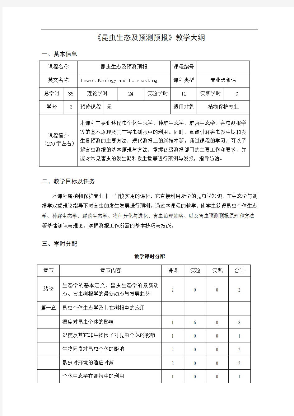 《昆虫生态及预测预报》教学大纲