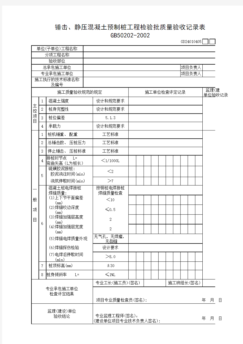 锤击静压混凝土预制桩工程检验批质量验收记录表