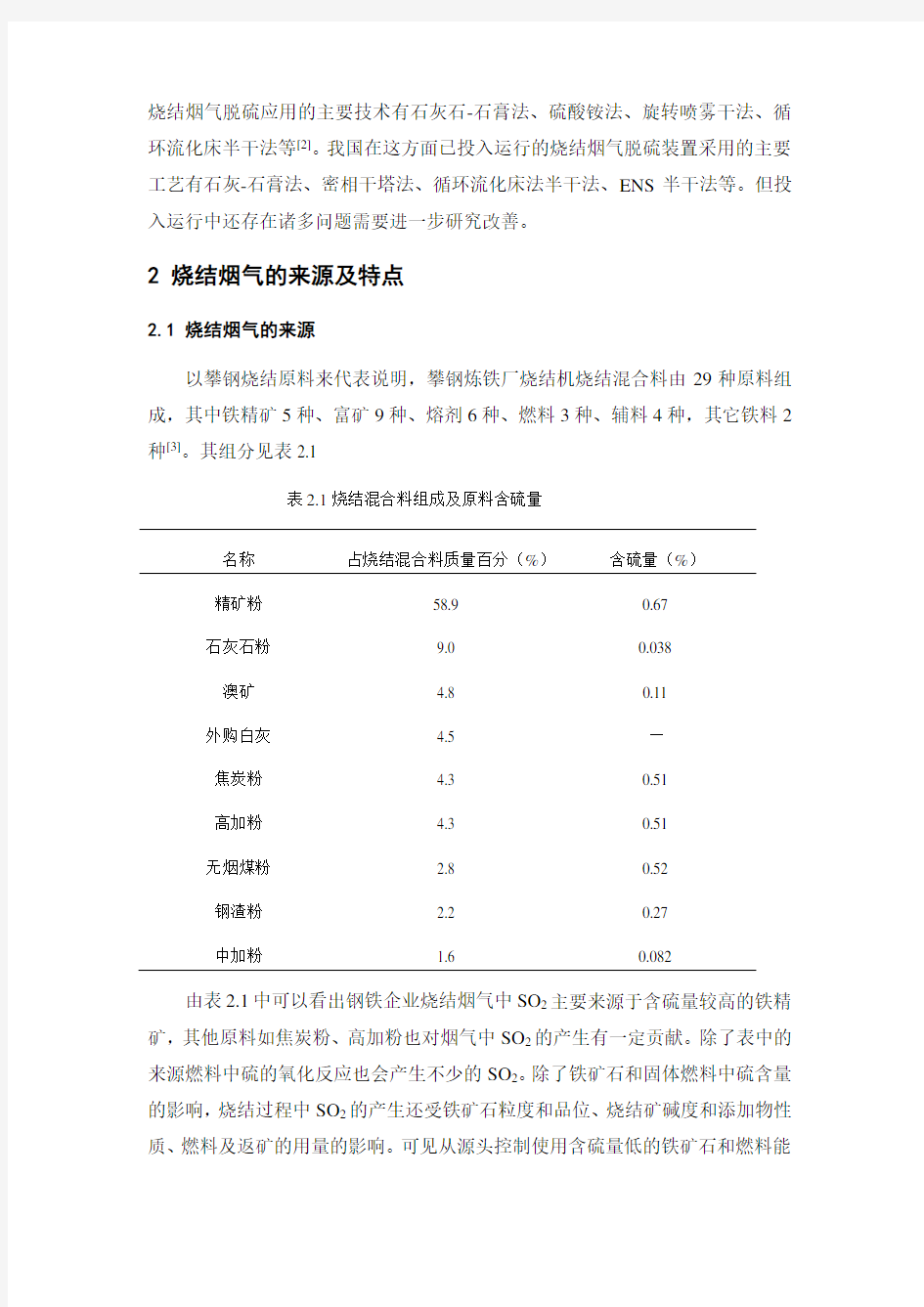 烧结烟气中二氧化硫的脱除技术