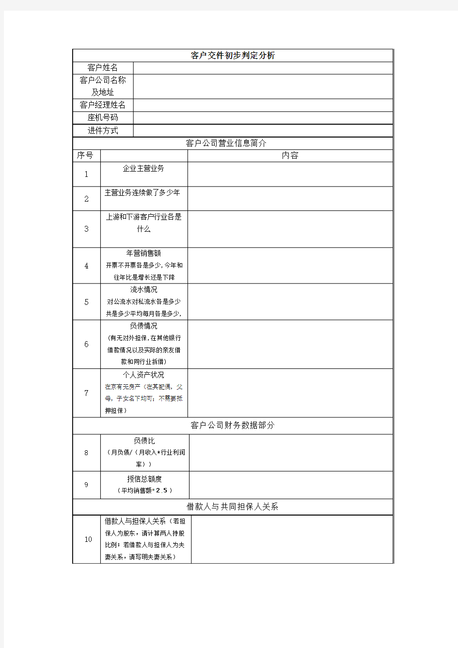 信用贷款客户问题表格-7个问题