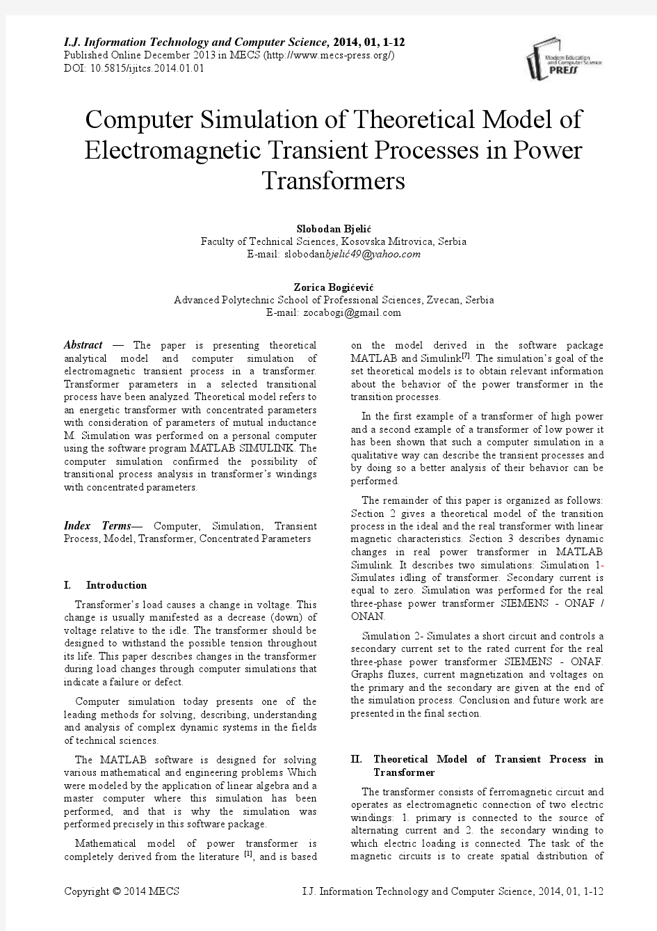电力变压器电磁暂态过程理论模型的计算机仿真(IJITCS-V6-N1-1)
