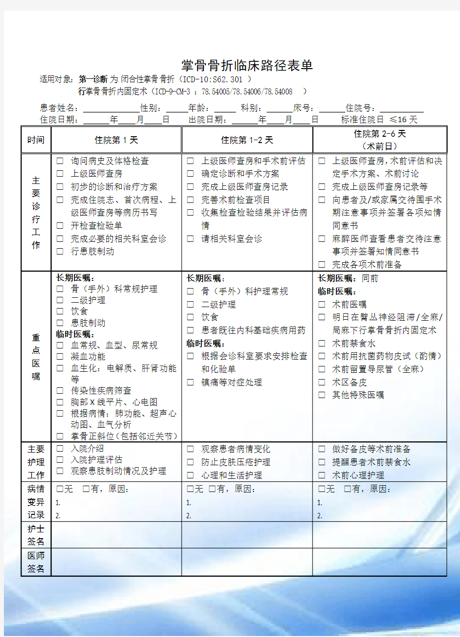 2016临床路径表单-患者版临床路径告知单(掌骨骨折)