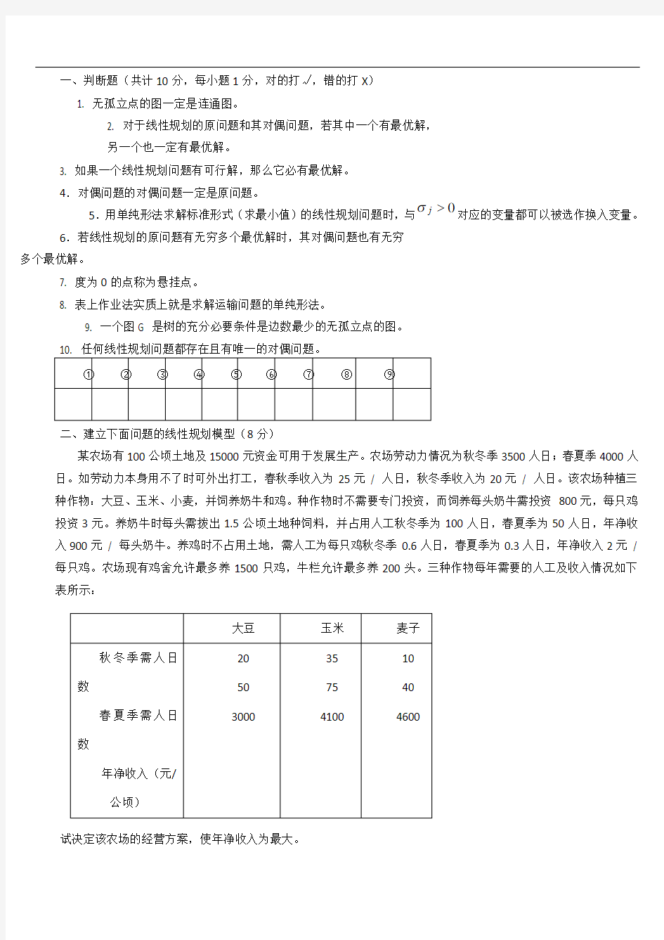 《运筹学》_期末考试_试卷A_答案