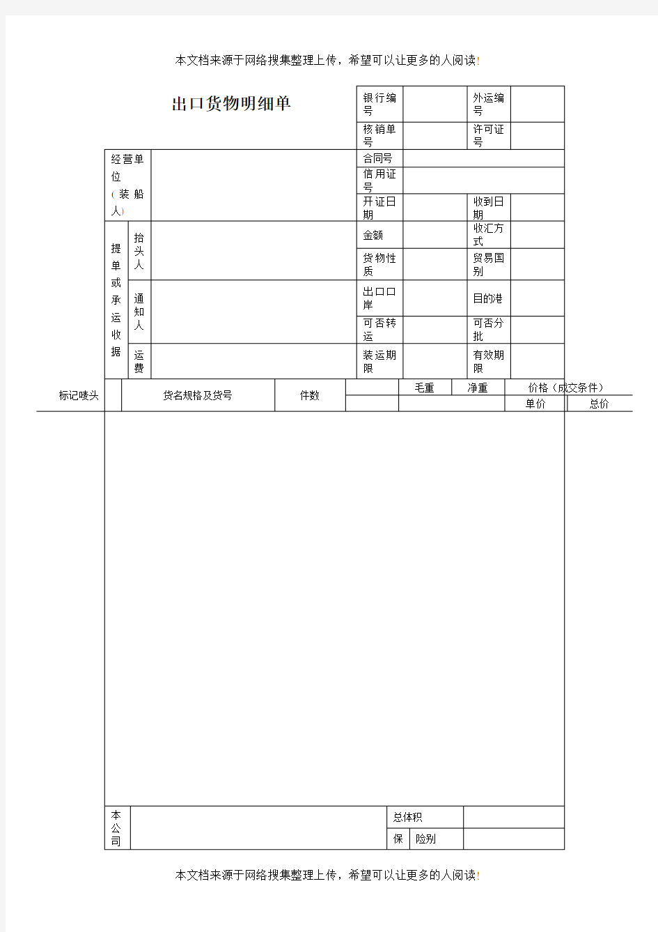 外贸单证样本-出口货物明细单格式(表格模板、DOC格式)