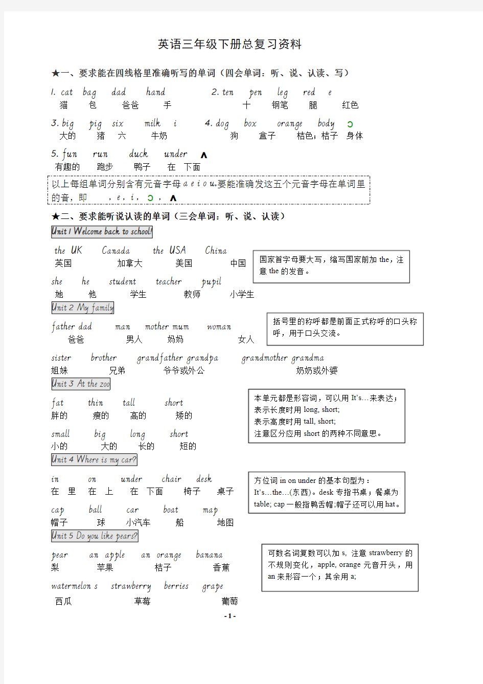 英语三年级下册期末复习资料