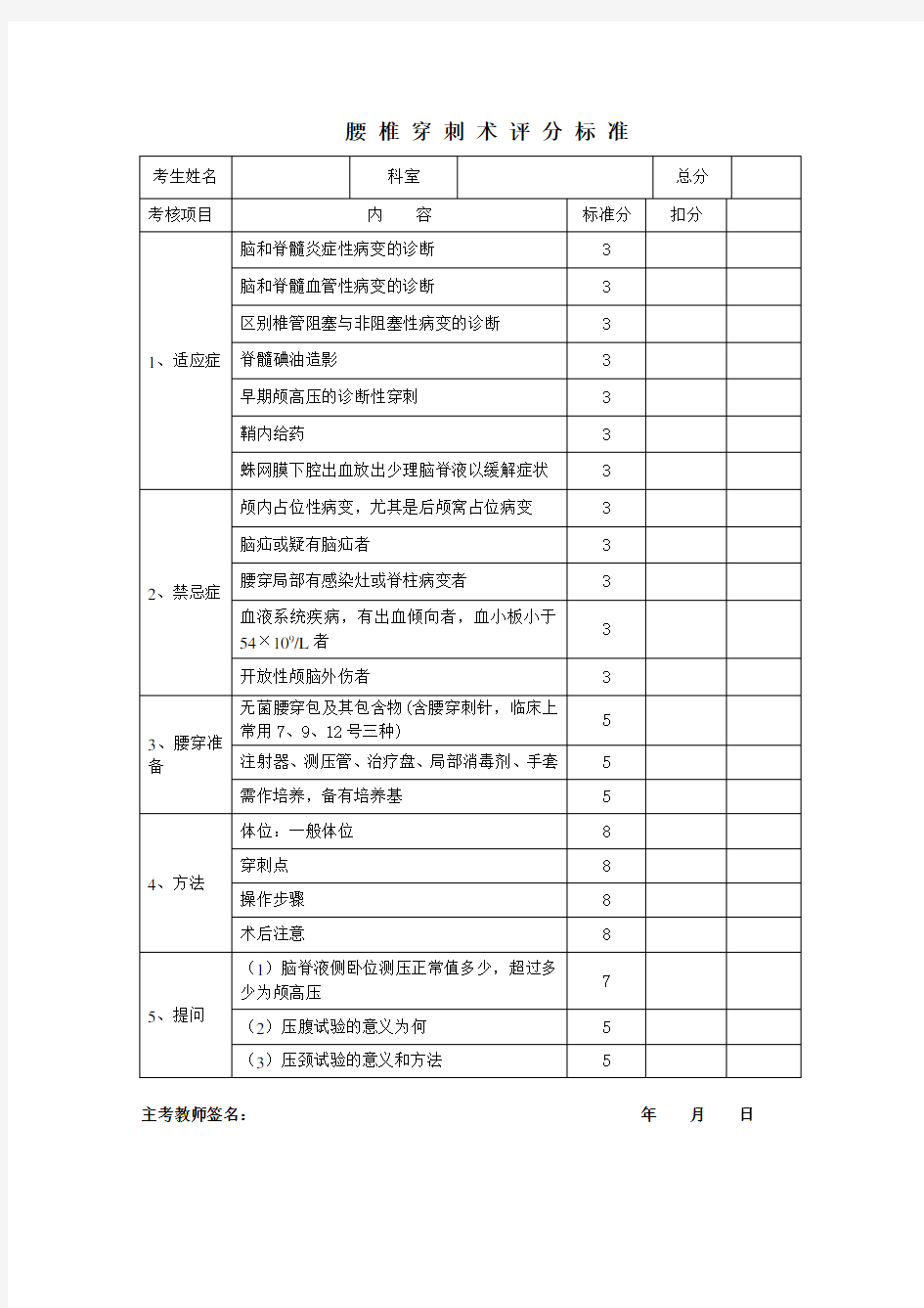 腰椎穿刺术评分标准