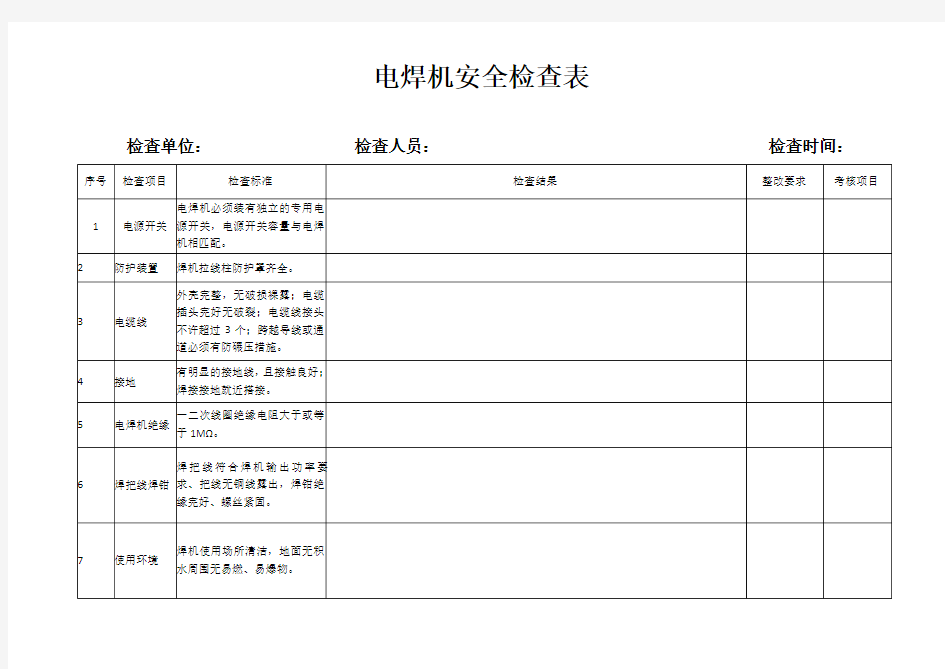 电焊机安全检查表