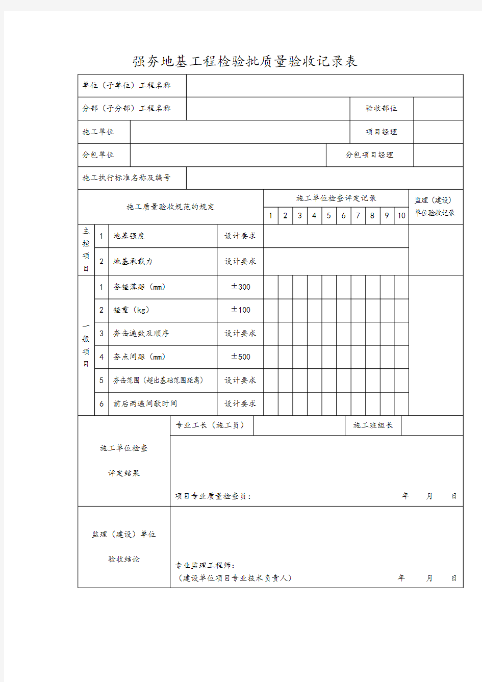 强夯地基工程检验批质量验收记录表