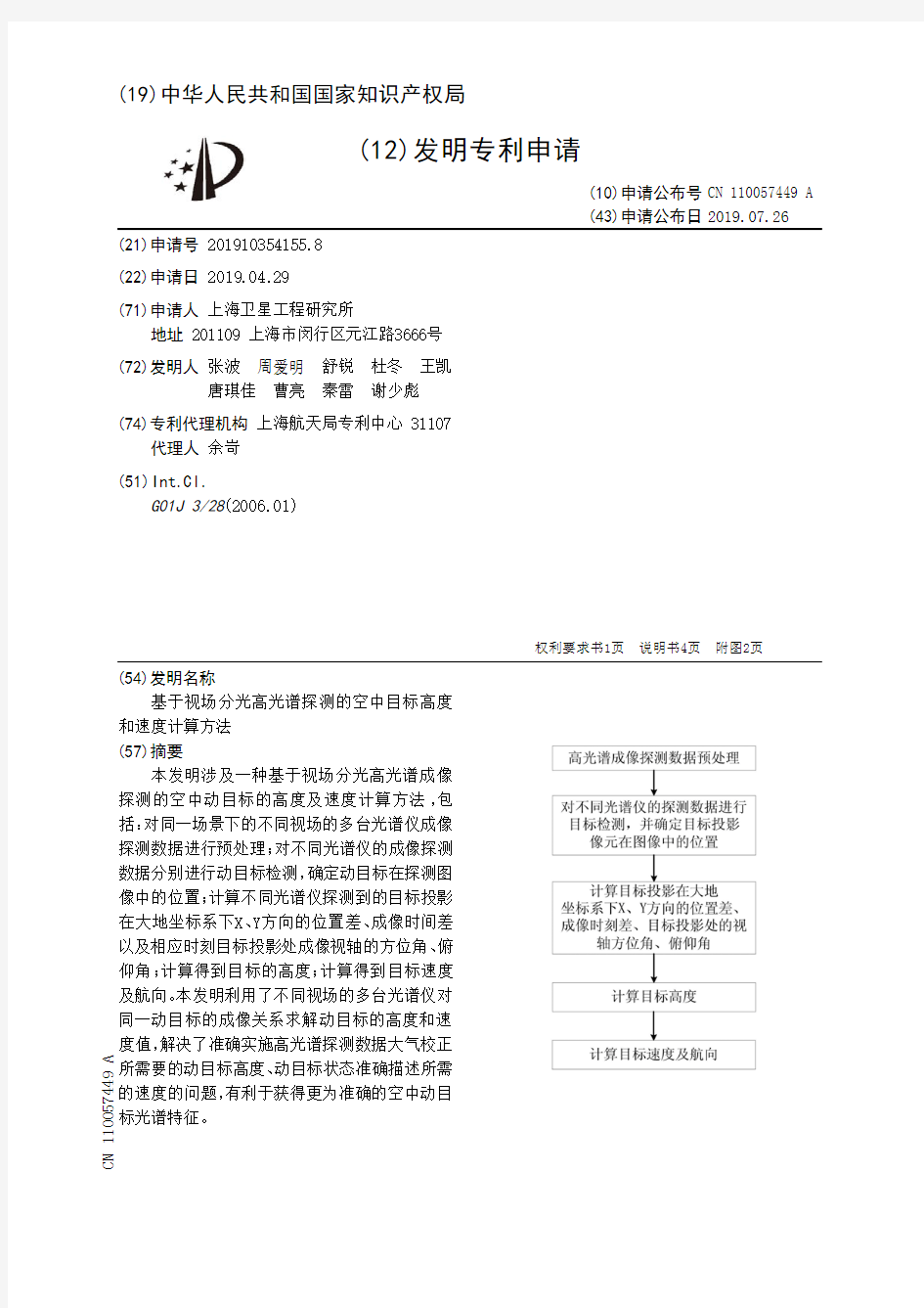 【CN110057449A】基于视场分光高光谱探测的空中目标高度和速度计算方法【专利】