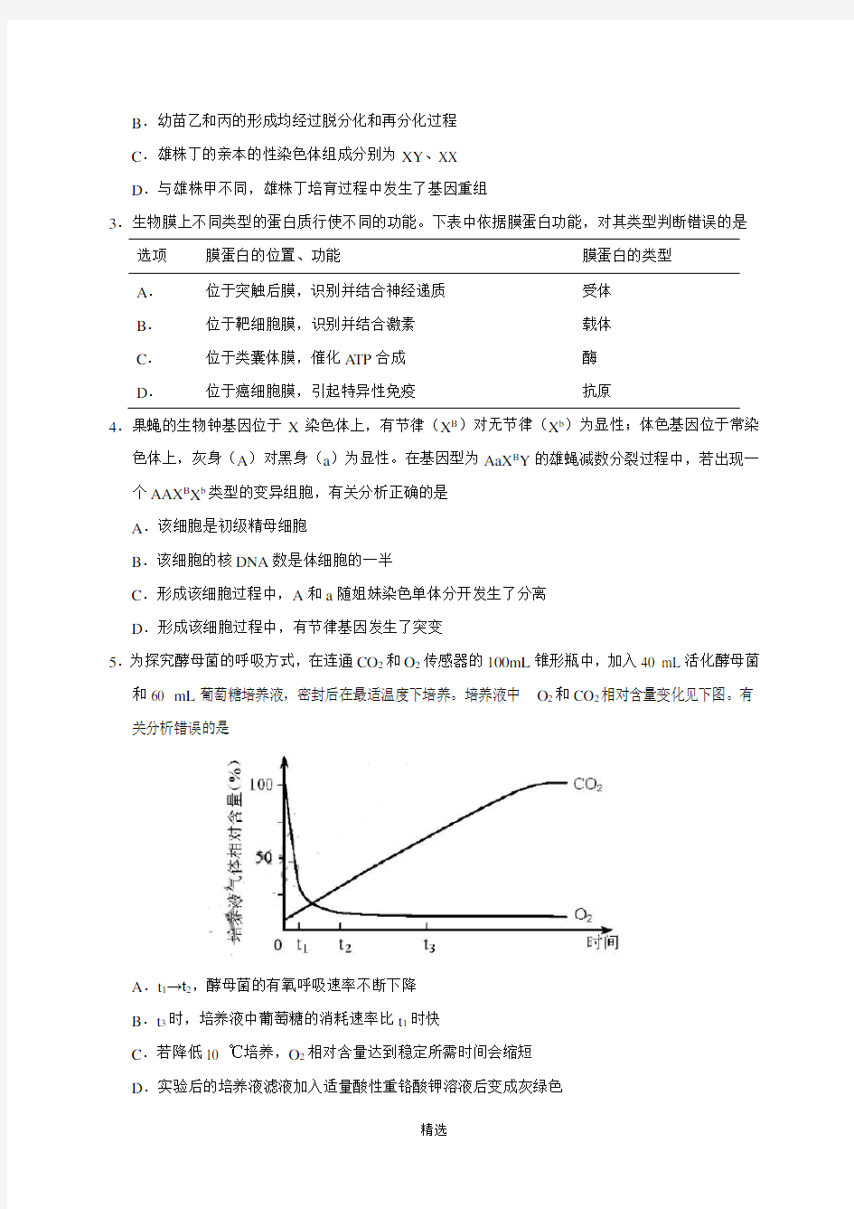 2018年天津高考生物试题(word版含答案)