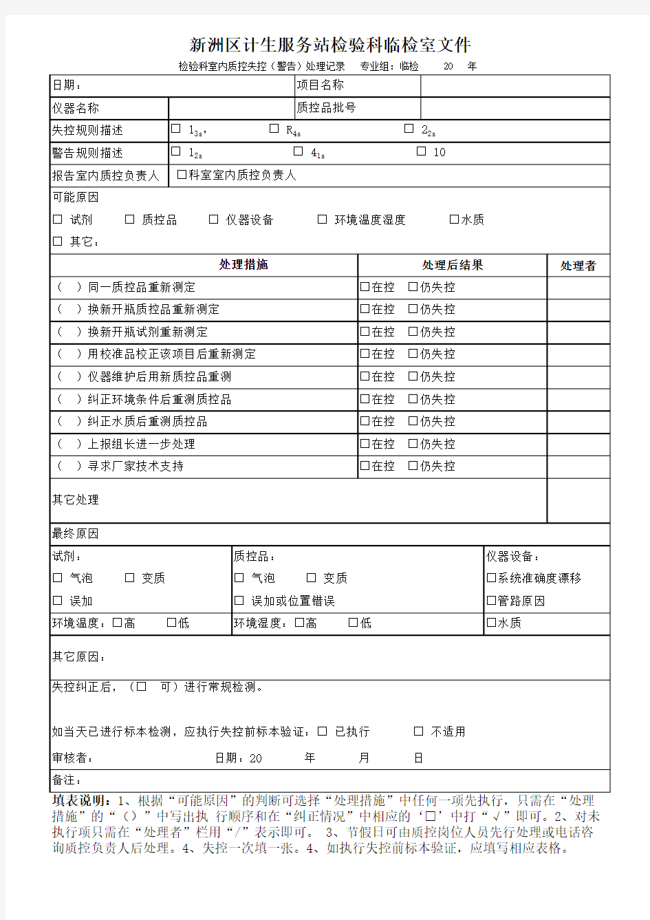 检验科室内质控失控(警告)处理记录